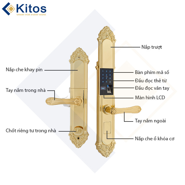 Khóa cửa điện tử tân cổ điển Kitos KT-C810 mạ vàng 24k